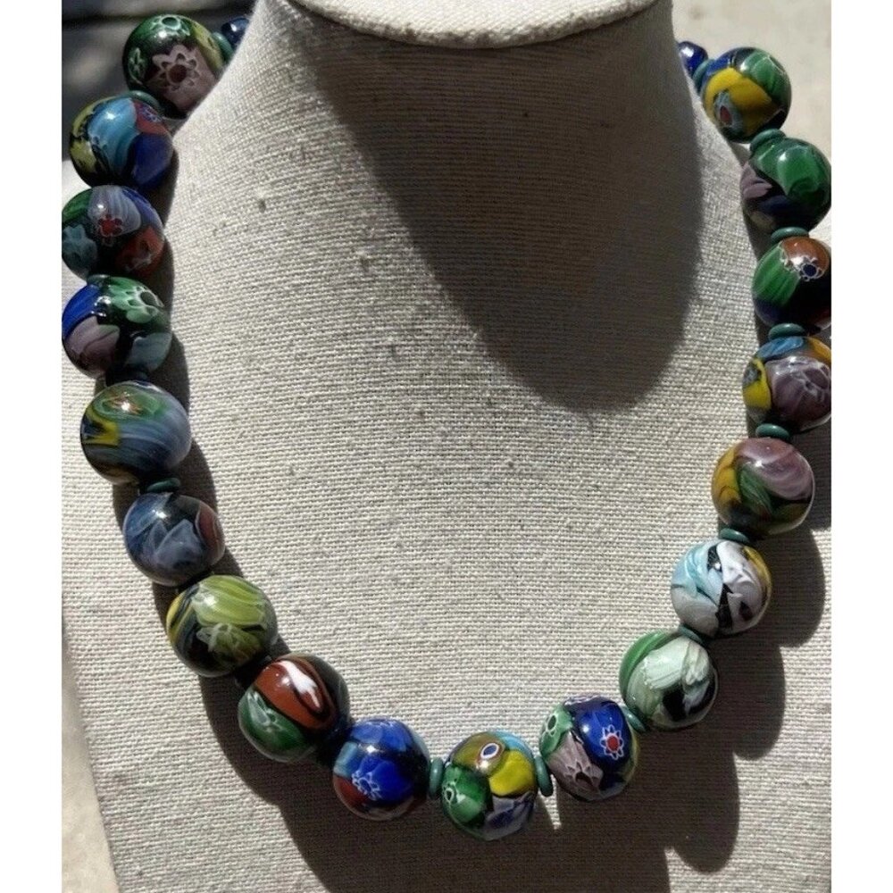 Vintage Colorful Ancient Roman Mosaic Glass Genuine Large Bead Necklace Sz 17”